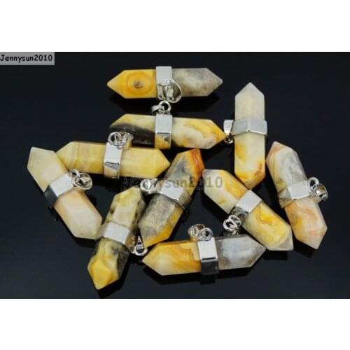 Natural Crazy Lace Ag-ate Gems Stones Horizontal Hexagonal Pointed Reiki Chakra Pendant Beads Necklace Jewelry 10Pcs/Pack