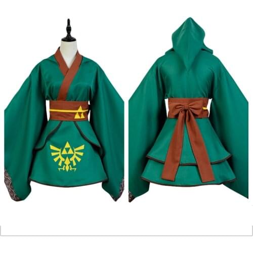 Link Dress Greeen Kimono Costume Hero Yukata Kimono Robe Version Outfit Suit Women Dress With Cap