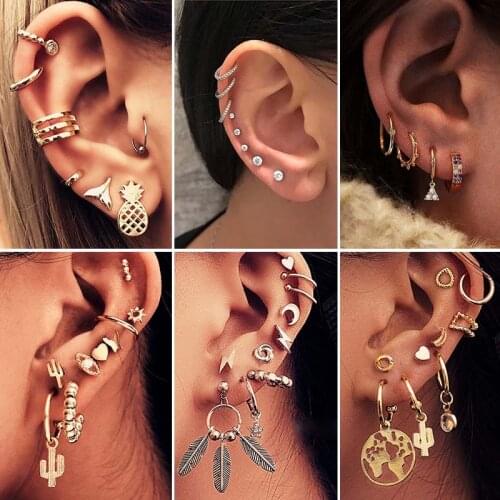 Boho Earrings Set for Women Gold Heart Stud Earring Leaf Ear Cuff Geometric No Piercing Ear Clips Vintage Jewelry Accessories