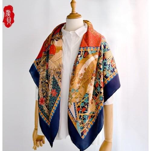 Dark blue elegant luxury 100% real silk scarf women print fashion scarves shawl 110cm big square natural siik bandana lady gift