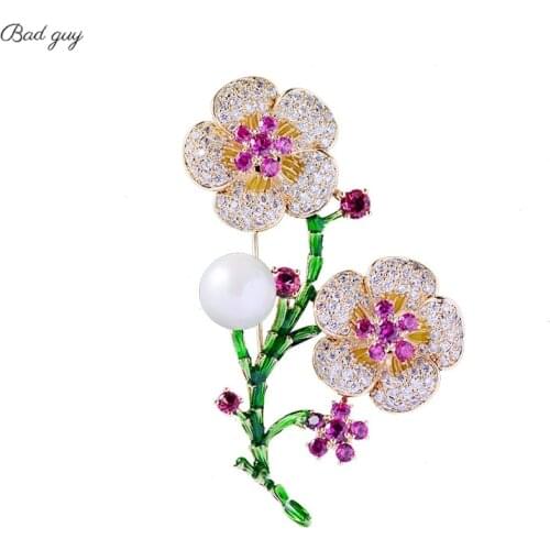 Plum Rhinestone Brooch for Women Zicon Pin Brooches Flower Jewelry 2021 Clothes Scarf Buckle Garment Accessories Pearl Gifts