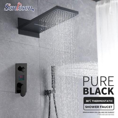 Senlesen Black Shower Faucet Digital Screen Valve Wall Mount Shower Head W/ Hand Para Bathroom Shower Sets