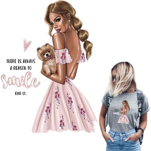 Always Smile Ironing Stickers Woman With Her Pet Thermal Transfer Hot Tear New Design T-Shirt Dresses Diy Letter Patches