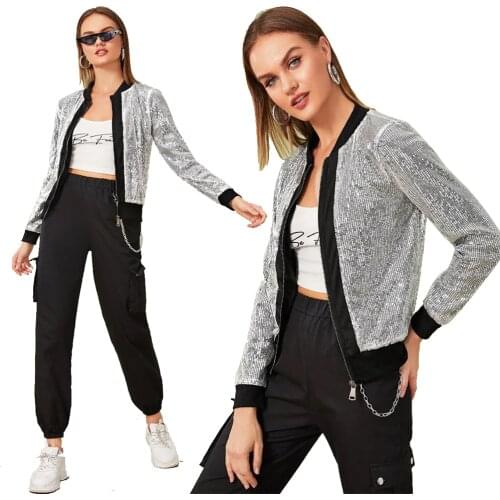 Womens Fashion Casual Silver Sequin Jacket