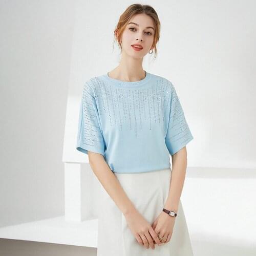 2021 Summer Women Hot Drilling Knitted T-Shirt O Neck Short Sleeve Knit Top White/Blue Female Elastic Thin Pullover Tee Shirts