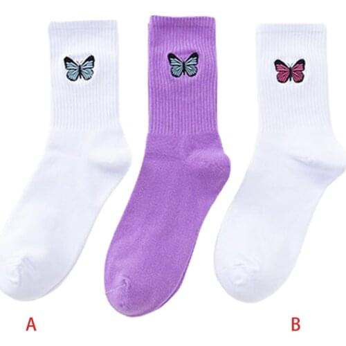Women Ribbed Striped Sport Long Crew Socks Harajuku Butterfly Embroidered Solid Color Skateboard Cotton Tube Socks Hosiery