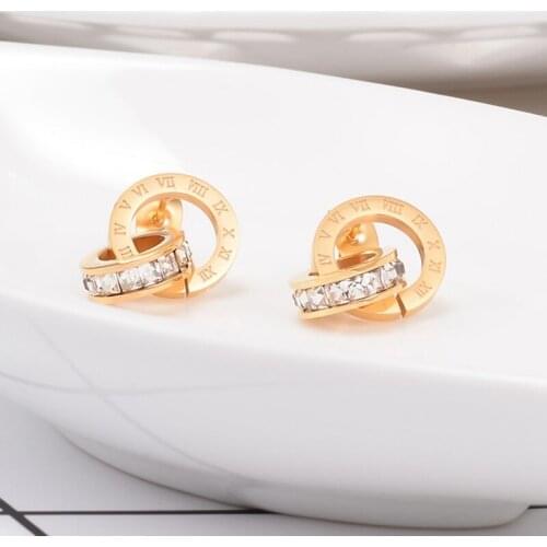 Top Quality Titanium Steel Double Loop Wound Elegant And Charming Roman Numerals Crystal Stud Earrings For Women Gift Jewelry