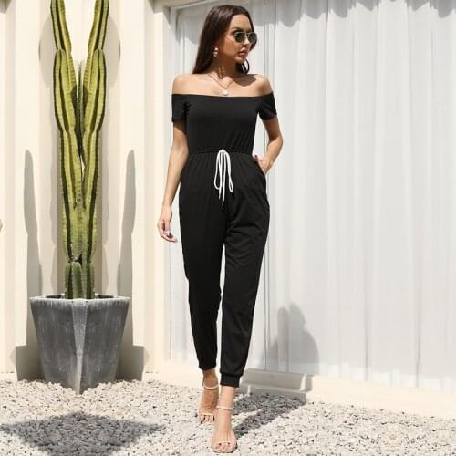 New 2021 Women Summer Sexy Slash Neck Off Shoulder Short Sleeve Rompers Elegant Lace-up Solid Color Jumpsuit
