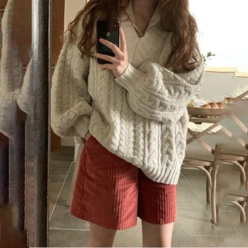 Snordic Women Autumn V Neck Lantern Sleeve Oversized Twist Sweater Female Knitted Pullover Jumpers
