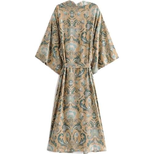 Bohemia Phoenix Tail Flower Print Long Kimono Shirt BOHO Ethnic Women Lacing Up Bow Sashes Long Cardigan Loose Blouse Tops