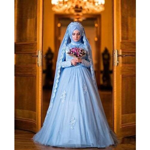 Gorgeous Ball Gown Muslim Wedding Dresses 2020 High Neck Tulle Long Sleeves Appliques Bridal wedding Gowns Vestido De Novia