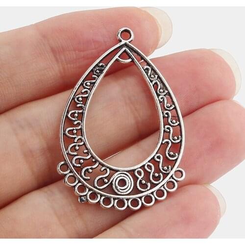 10 Pcs Silver Color Alloy Filigree Flower Drop Water Pendants DIY Statement Earring Bracelet Making Jewelry Findings 43.5*28.5mm