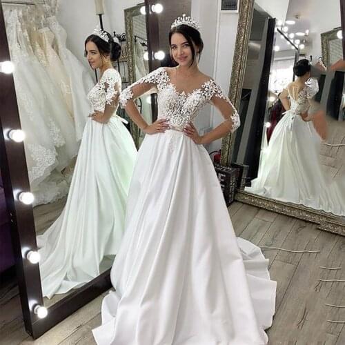 MYYBLE A-line Satin Wedding Dresses Lace V-neck Half Sleeve Boho Bridal Gown Vintage Princess Party Dress Sweep Train Plus Size