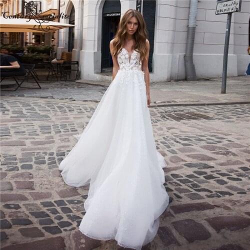 Sparkle Wedding Dresses Beach Lace 3D Flowers Beaded V-Neck Backless A-Line Boho Bridal Gowns with Slit Vestido De Novia