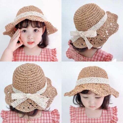 2021 Child Summer New Straw Hat Female Baby Girls Hat Pot Shade Beach Matching Beach Korean Hat Matching Bag Flower Sun Hat F5P3