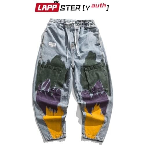 LAPPSTER-Youth Men Vintage Tie Dye Printed Punk Jeans 2021 Autumn Mens Streetwear Hip Hop Denim Cargo Pants Male Pockets Joggers