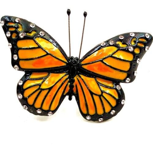 Elegant Clear Crystal Accent Black & Orange Enamel Monarch Butterfly Brooches Pins for Growing Beauty Women Girl Coat Jewelry