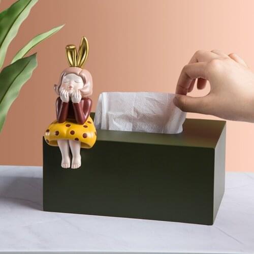 European Resin Rabbit Ears Girl Tissue Box Desktop Storage Creative Geometric Large Capacity Tissue Box Modern Home Furnishings