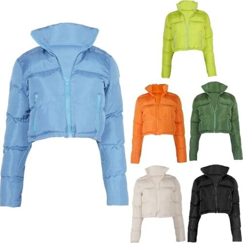 Women Winter Long Sleeve Puffer Jacket Stand Collar Zip Up Solid Color Cropped Bubble Coat Drawstring Hem Quilted Parkas 193D