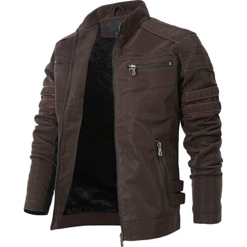 Fashion Winter Leather Jacket Men Stand Collar Motorcycle Washed Retro Velour Faux Leather Jacket Zipper Pockets Mens Coats 3XL