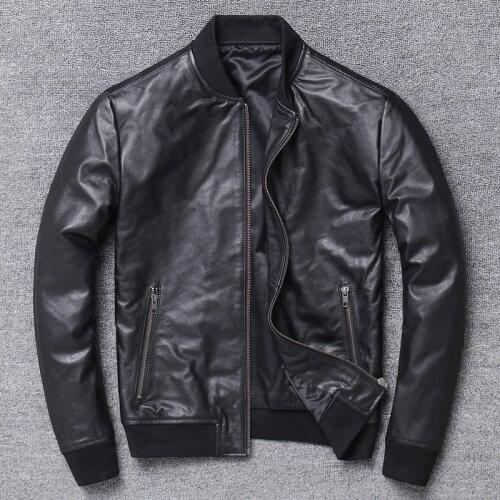 Genuine Leather Mens Cowhide Jacket Baseball Uniform Slim Lapel Leather Jacket Jacket