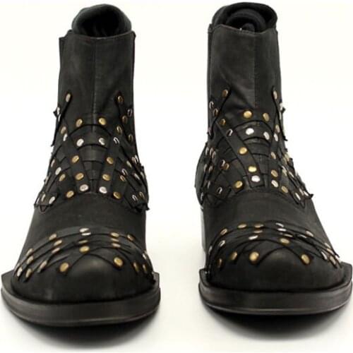 2020 Winter High Top Ankle Boots Men Beading Riveted Strip Patched Chelsea Boots Slip On Punk Genuine Leather Motorcycle Shoes