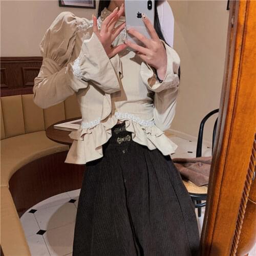 2021 New Autumn Exquisite Palace Style Bubble Sleeve Ribbon Lace Half High Collar Long Sleeve Slim Fitting Shirt Womens Top