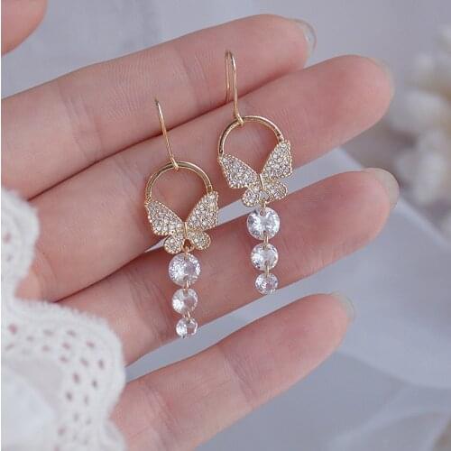 New Fashion Brand Jewelry 14K Real Gold Butterfly Dangle Earrings for Women Gift Shining Zircon Long Drop Earrings