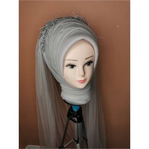 Womens Silver Gray Color Muslim Hijab Scarf Ready to Wear Turban Islamic Headscarf Female Head Wraps lycra tulle wedding party