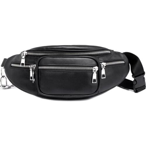 Black Leather Waist Bag men Waist Pack Bag Funny Pack Belt Bag Men Chain Waist Bag For Phone Pouch Bolso 130cm Adjustable