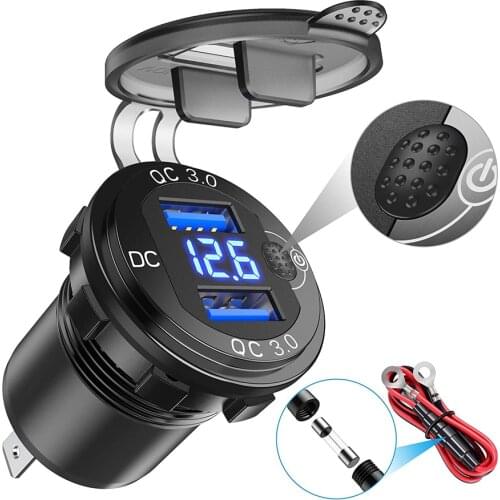 Quick Charge 3.0 36W Car Dual USB Charger QC3.0 Waterproof with Voltmeter Switch for 12V/24V Motorcycle ATV Boat Marine RV