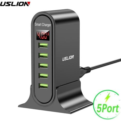 USLION USB Charger 5 Port LED Display Multi USB Phone Desktop EU US UK Plug With Digital Display Travel Wall Charger Adapter