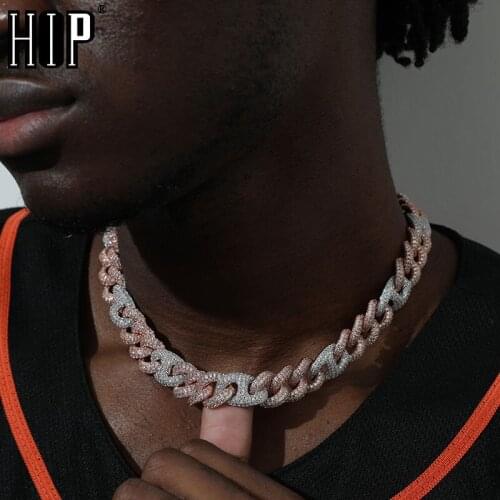 Hip Hop 15MM Bling Iced Out 2 Stone Colors Box Clasp Cuban Chain AAA CZ Stone Cubic Zirconia Necklaces For Men Women Jewelry