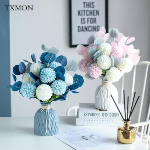Vase +Bouqu Mediterranean Fake Flower Eucalyptus Leaf Hydrangea Set Wedding Flower Decor Furniture Livingroom Dining Table Decor
