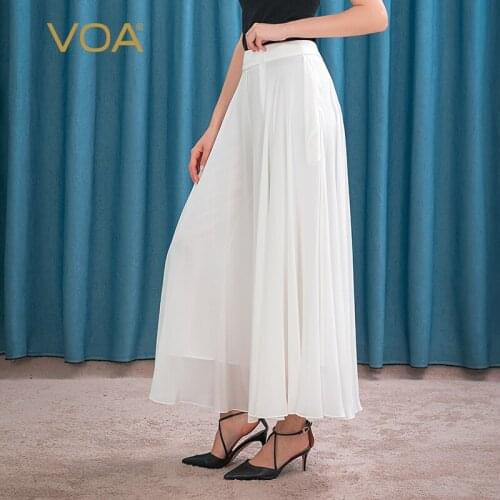 VOA 12 M/m Silk Georgette White Natural Waist Side Zipper Diagonal Pocket Double Layer Loose Elegant Culottes Woman Pants KE115
