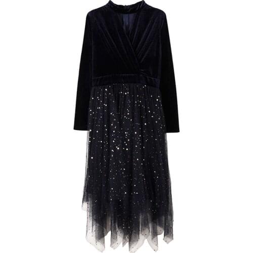 PERHAPS U Women Black Navy Blue Velvet Patchwork Sequined Mesh Evening Party Dresses Long Sleeve Asymmetrical Midi Dress D2165