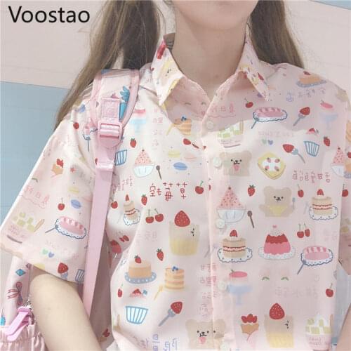 Japanese Summer Women Sweet Lolita Pink Blouses Kawaii Strawberry Cake Print Short Sleeve Shirts Girly Cute Tops Camisas Mujer