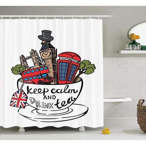 Tea Party Shower Curtain Great Britain and London Culture Landmarks Icon Set in Tea Cup with Popular Quote Bathroom Curtains