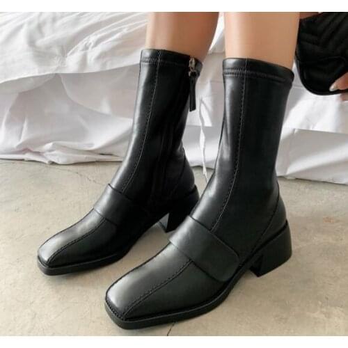 Top New Short Mid-calf Boots Woman Black Brown Thick Heel Square Toe Martin Boots British Style Mid-tube Leather Boots Size 39