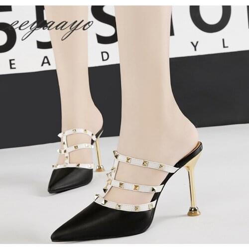 2019 New Summer Women Mules Slippers High Thin Heel Pointed Toe Rivet Sexy Ladies Women Shoes Black Outside Female Slide