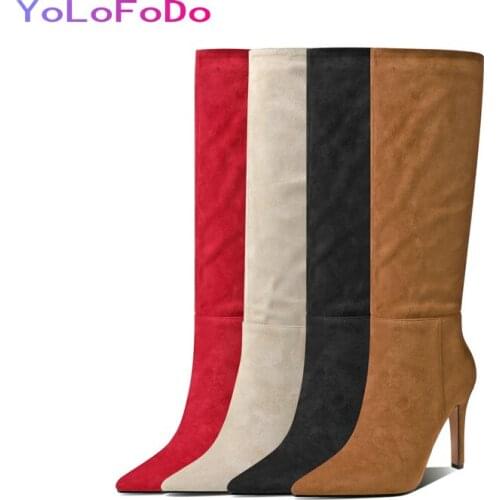Faux Suede Women Thin High Heel Boots Fashion Pointed Toe Women Knee High Boots Slip on Autumn Winter Shoes 2021 Black Brown Red