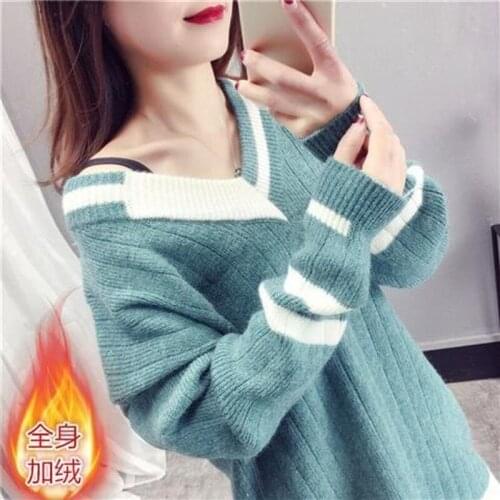 Ladies Pullover Mid-length V-neck Pullover All-match Pullover Knit Sweater Korean Loose Top Knit Sweater