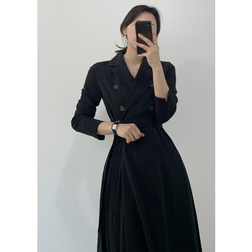 New Arrival 2021 Fall Korean Fashion Elegant Office Ladies Casual Dress Simple Double-Breasted Waist Slimming Pleated Midi Dress