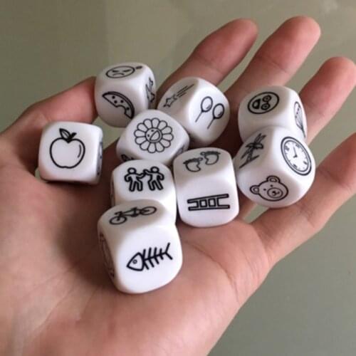 1 Box White Acrylic Dice 6 Sided Dice 19mm Round Cornered Story Pattern Dice with Metal Box For Kid Toys Board Games