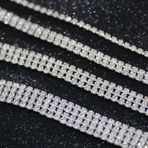 2 Rows Crystal Glass Rhinestone trim Chain Silver base Strass Stone For Garments Wedding dress home Decorations