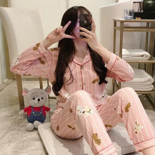 2020 Autumn Long Sleeve Long Pants Pajama Sets Women Casual Striped Sleepwear Suit Loungewear Homewear Pijama Mujer Home Clothes
