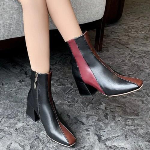 2021 Luxury Women Block High Heels Ankle Boots Winter Warm Fur Mixed Colors Chelsea Boots Western Cowboy Boot Big Size 48 Shoes