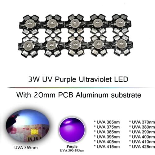 3W UV Purple LED Ultraviolet Bulbs Lamp Chips 365nm 375nm 380nm 385nm 395nm 405nm 410nm 420nm with 20mm PCB Aluminum substrate