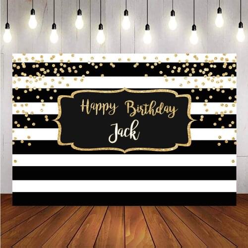 White and black stripe gold glitter happy birthday party backdrop for photography children custom poster banner photo background