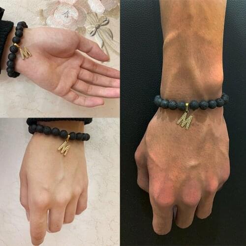 A-z Initial Letter Charm Bracelet Cubic Zircon 8mm Volcanic Stone Beads Chakra Lava Men Bracelet For Women 2020 Bracelet Jewelry